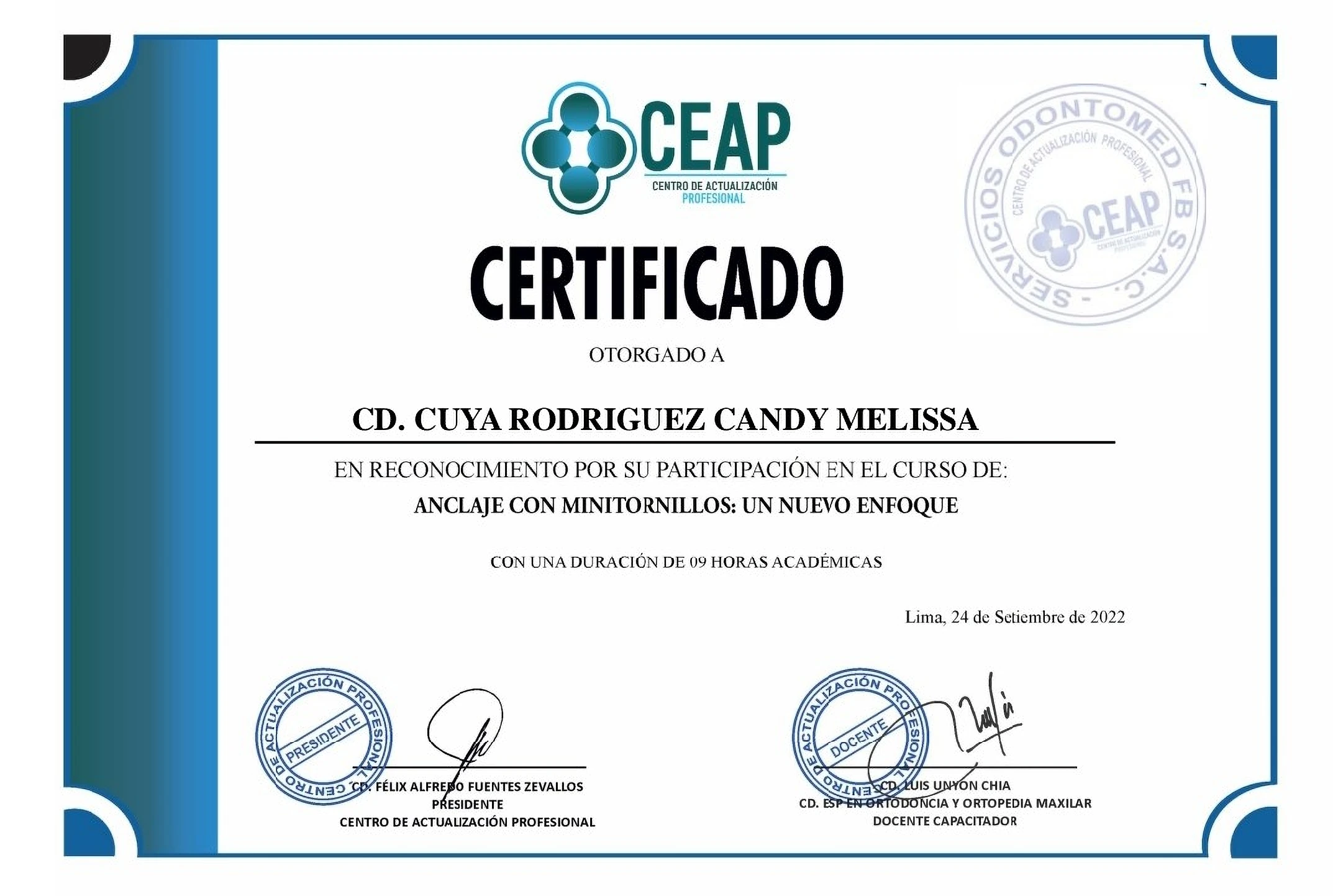 Certificado del curso Anclaje con minitornillos, del 24 de septiembre de 2022, con 9 horas académicas.